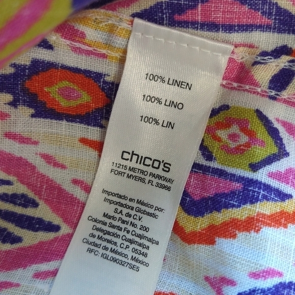 Chico's 100% Linen No-Iron Ikat Multicolor Button Back 3/4 Sleeve Shirt Boho - Picture 10 of 10